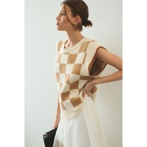 Anthropologie‎ Sweater Vest Checkerboard Knit Sleeveless Top  Small Retail $118